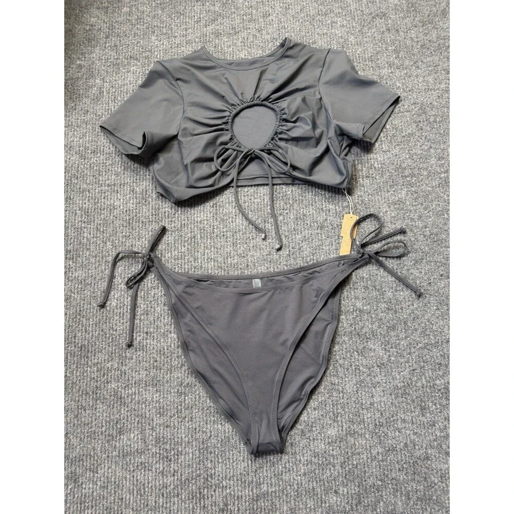 Skims Recycled Swim Set Size 4X T-Shirt Crop Top Bikini Bottom Gunmetal Gray NEW